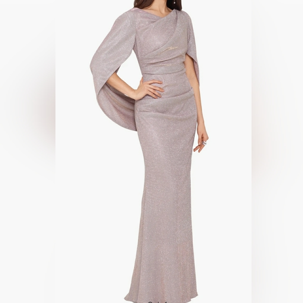 Betsy & Adam Cape Sleeve Trumpet dress Gown Long metallic sparkle Cowl Neck 8 cy